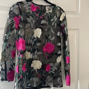 Sheer Black Floral Embroidered Long Sleeve Top